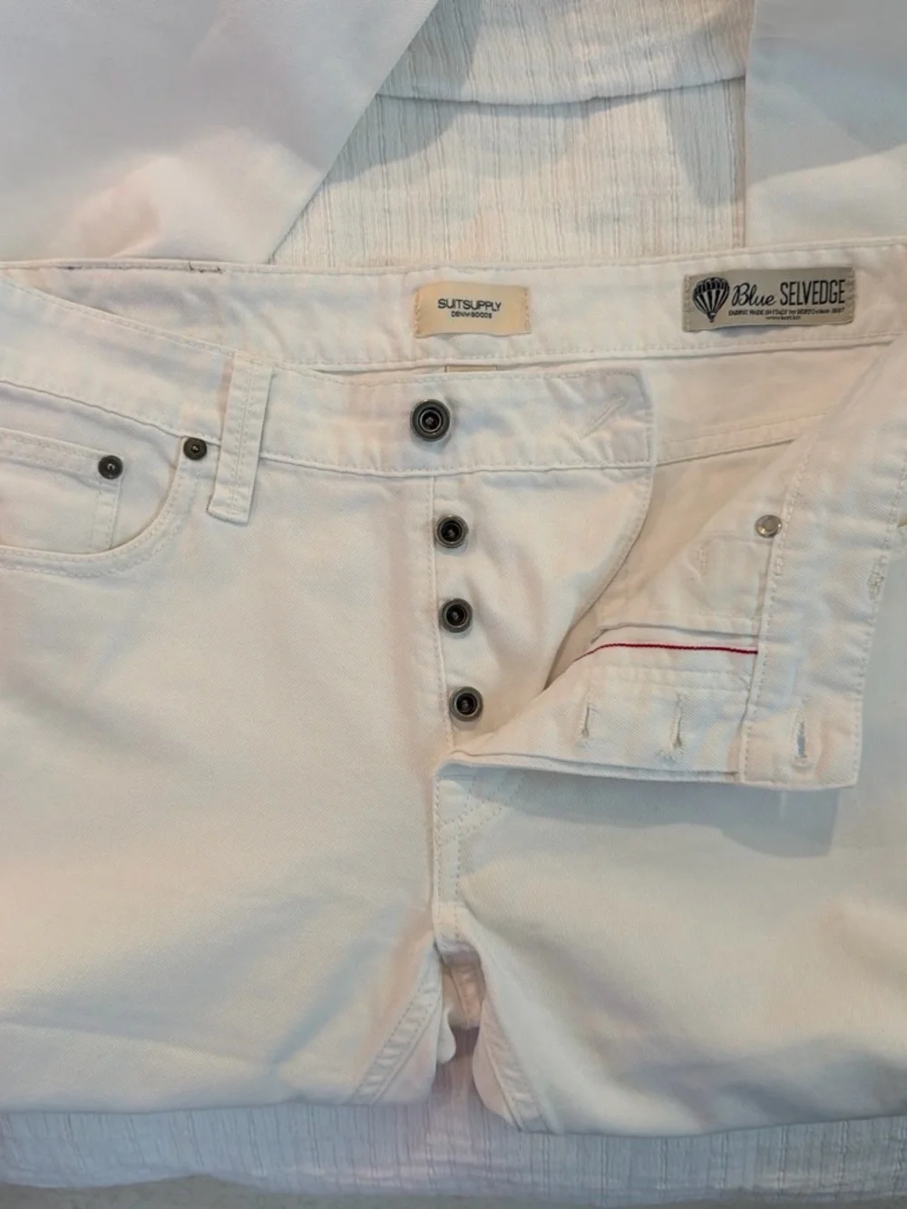 Suitsupply White Selvedge Denim Pants with Red Stitch Detail